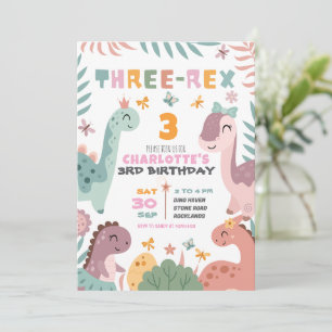 Pastel Girl Dinosaur 3rd Birthday Invitation