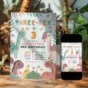Pastel Girl Dinosaur 3rd Birthday Invitation