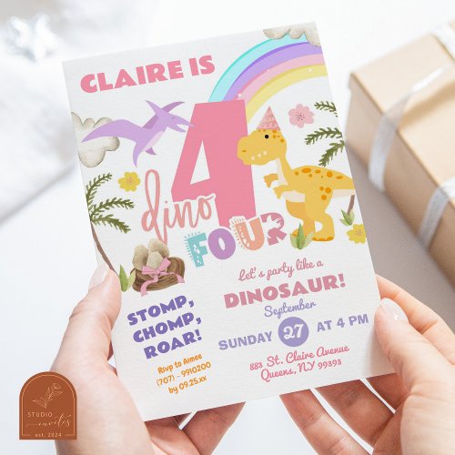 Pastel Girl Dinosaur DinoFour Birthday Party Invitation