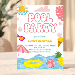 Pastel Girl Pink Summer Pool Party Invitation
