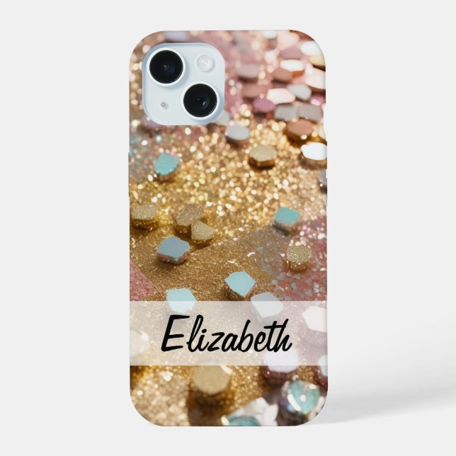 Pastel Girly Glitter Pink, Blue, Gold, Silver iPhone 15 Case (Back)