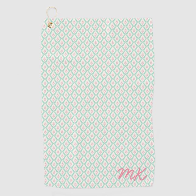 Pastel Girly Green & Pink Pattern With Initials Golf Towel (Front)