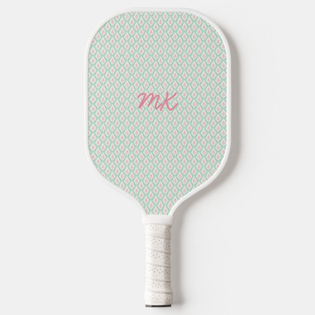 Pastel Girly Green & Pink Pattern With Initials Pickleball Paddle (Front)