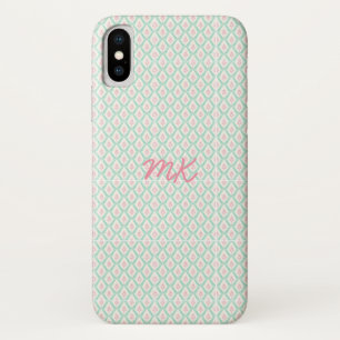 Pastel Girly Pink & Green Pattern with Initials iPhone X Case
