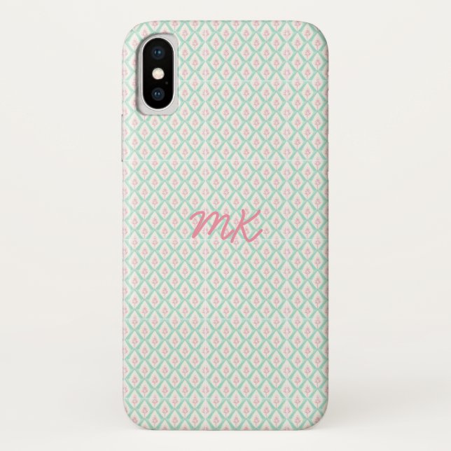Pastel Girly Pink & Green Pattern with Initials Case-Mate iPhone Case (Back)