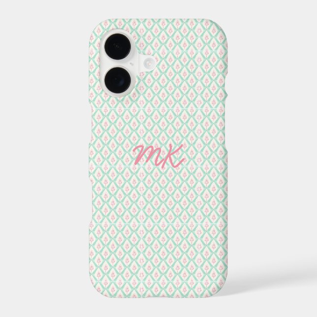 Pastel Girly Pink & Green Pattern with Initials Iphone Case (Back)