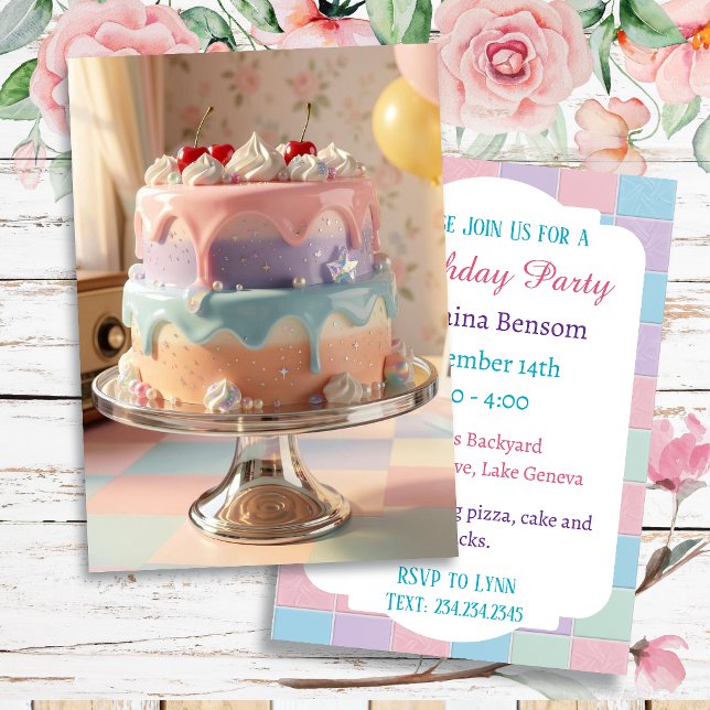 Pastel Glass Birthday Cake with Cherries   Invitation (Creator Uploaded)