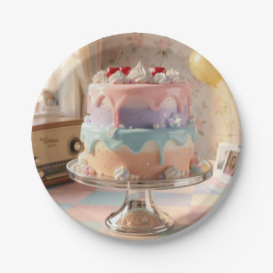 Pastel Glass Birthday Cake with Cherries Paper Plates
