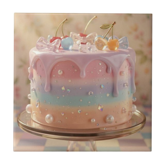 Pastel Glass Food Aesthetic Rainbow Cake Ceramic Tile (Front)