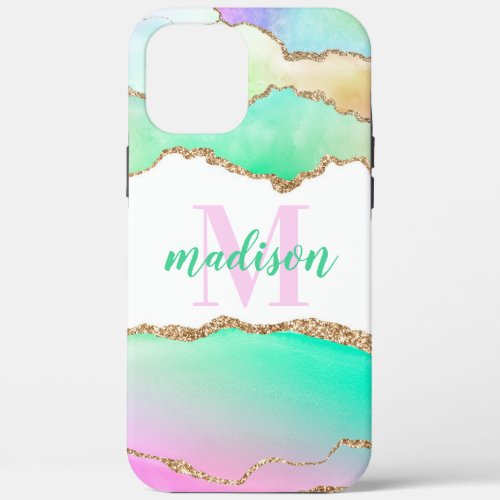 Pastel Glitter Agate Monogrammed iPhone 12 Pro Max Case