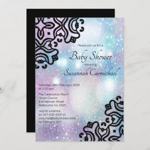 Pastel Glitter and Black Damask Baby Shower Invitation