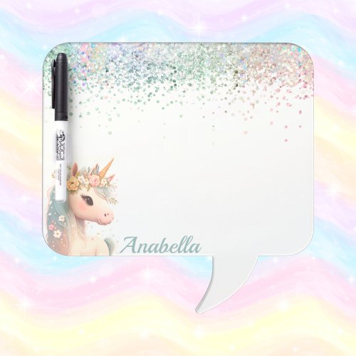 Pastel Glitter Floral Baby Unicorn  Dry Erase Board