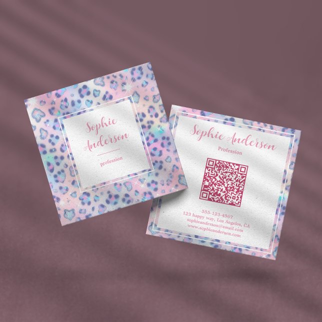 Pastel Glitter Leopard Print with Qr Code Square Business Card (Creator Uploaded)