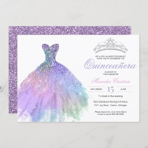 Pastel Glitter Mermaid Unicorn Rainbow Quinceaera Invitation