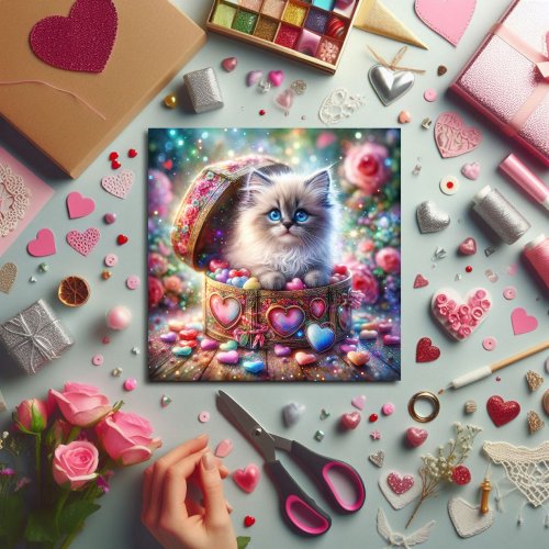 Pastel Glitter Ragdoll Cat Candy Hearts Valentine  Holiday Card
