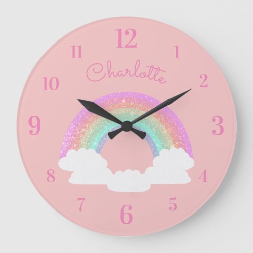 Pastel Glitter Rainbow with Custom Name on Pink Large Clock