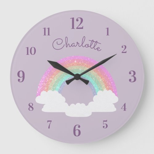 Pastel Glitter Rainbow with Custom Name on Purple Large Clock