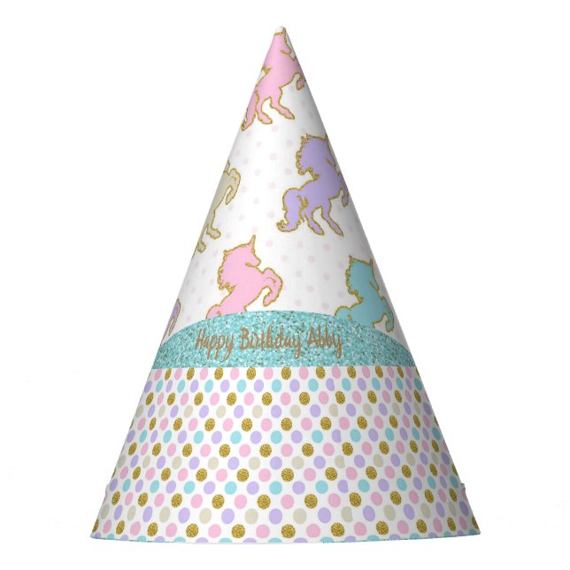 Pastel Glitter Unicorn Polka Dots Party Hat (Front)