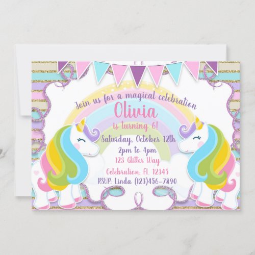 Pastel Glitter Unicorns Girls Birthday Invitation