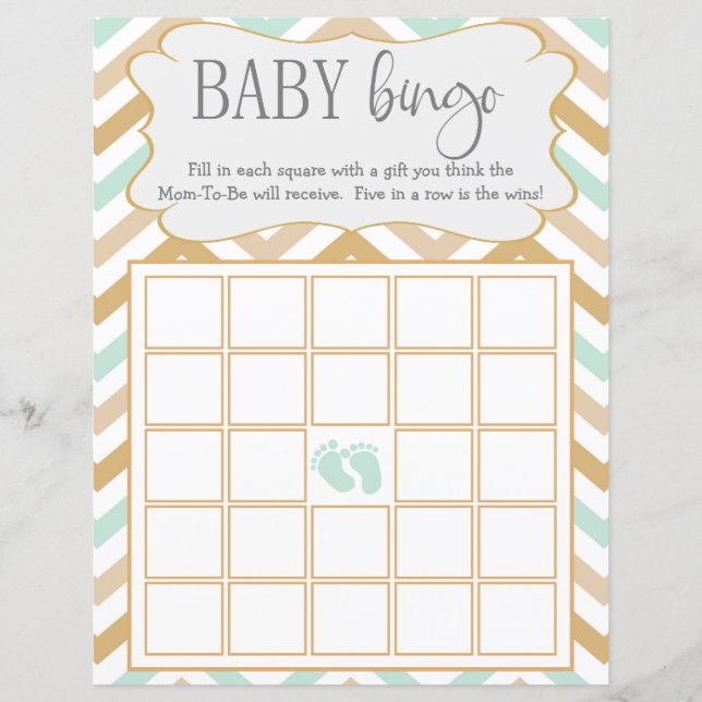 Pastel Gold and Green Zig Zag Neutral Baby Bingo (Front)