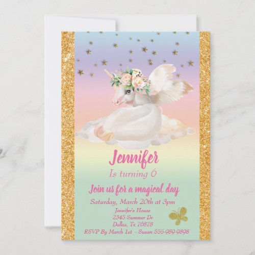 Pastel Gold Childs Gold Unicorn Pegasus Rainbow Invitation