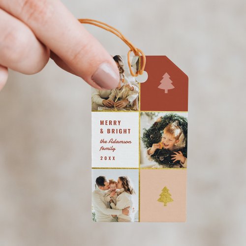 Pastel  Gold Christmas Tree 3 Photo Collage Gift Tags