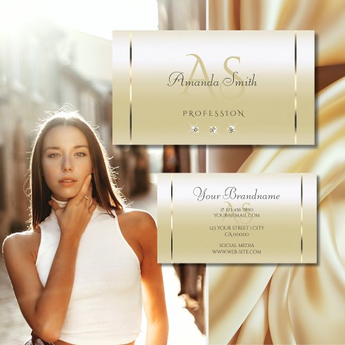Pastel Gold Cream Effect Sparkle Diamonds Initials Business Card