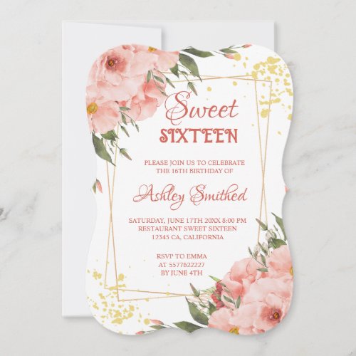 pastel gold floral watercolor Sweet 16 birthday