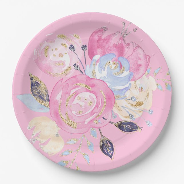 Pastel Gold Glitter  Flower Paper Plates (Front)