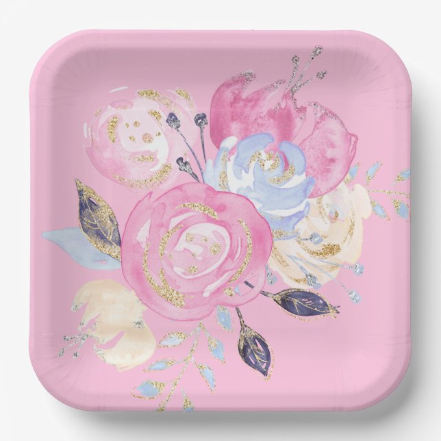 Pastel Gold Glitter  Flower Paper Plates (Front)