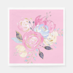 Pastel Gold Glitter  Flower Paper Plates Napkins