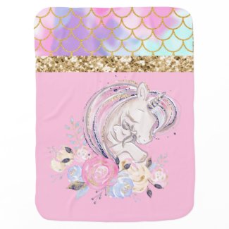 Pastel Gold Glitter Unicorn and Baby with Flowers Baby Blanket