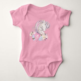 Pastel Gold Glitter Unicorn and Baby with Flowers Baby Bodysuit