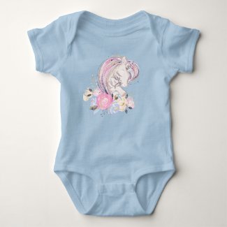 Pastel Gold Glitter Unicorn and Baby with Flowers Baby Bodysuit