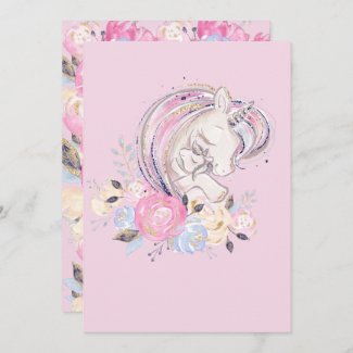 Pastel Gold Glitter Unicorn and Baby with Flowers Invitation