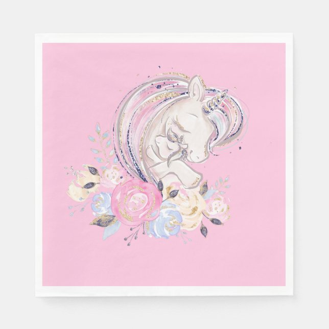 Pastel Gold Glitter Unicorn and Baby with Flowers Napkins (Front)