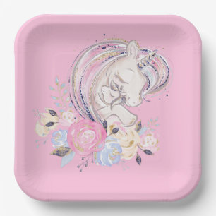 Pastel Gold Glitter Unicorn and Baby with Flowers Paper Plates
