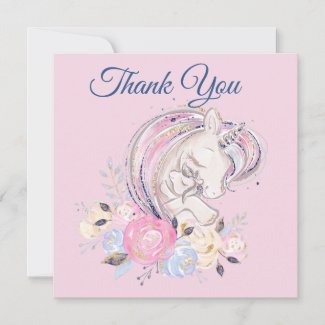 Pastel Gold Glitter Unicorn and Baby with Flowers Thank You Card