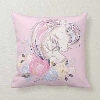 Pastel Gold Glitter Unicorn and Baby with Flowers Throw Pillow