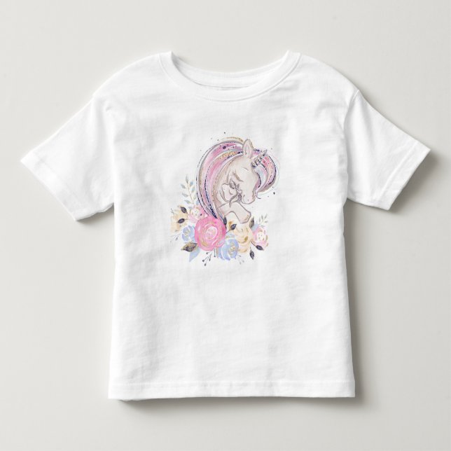 Pastel Gold Glitter Unicorn and Baby with Flowers Toddler T-shirt (Front)