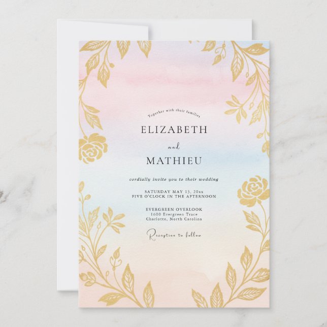 Pastel Gold Leafy Wedding Invitation (Front)