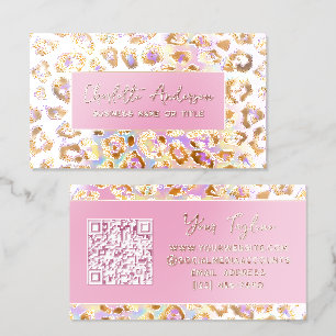 Pastel Gold Leopard Print QR Code Raised Spot UV Business Card
