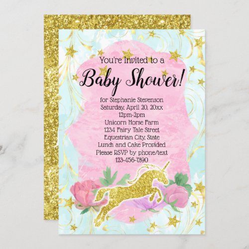 Pastel Gold Unicorn Baby Shower Invitation
