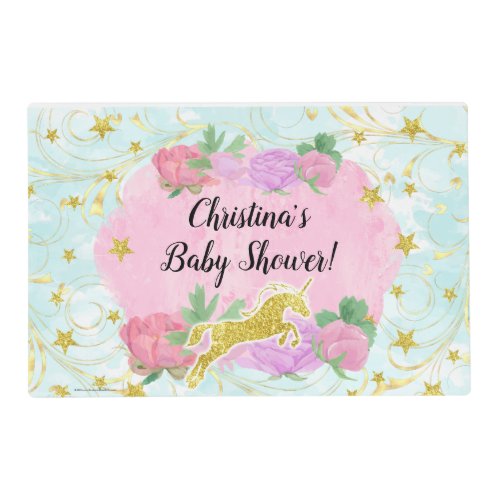 Pastel Gold Unicorn Girl Baby Shower Placemat