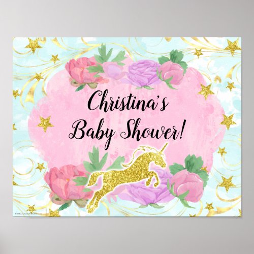 Pastel Gold Unicorn Girl Baby Shower Poster