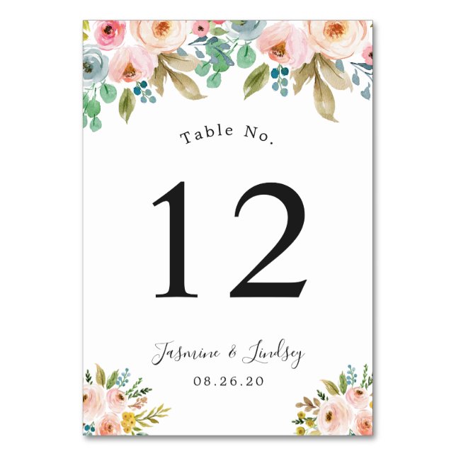 Pastel Gorgeous Watercolor Floral Wedding Table Number (Front)
