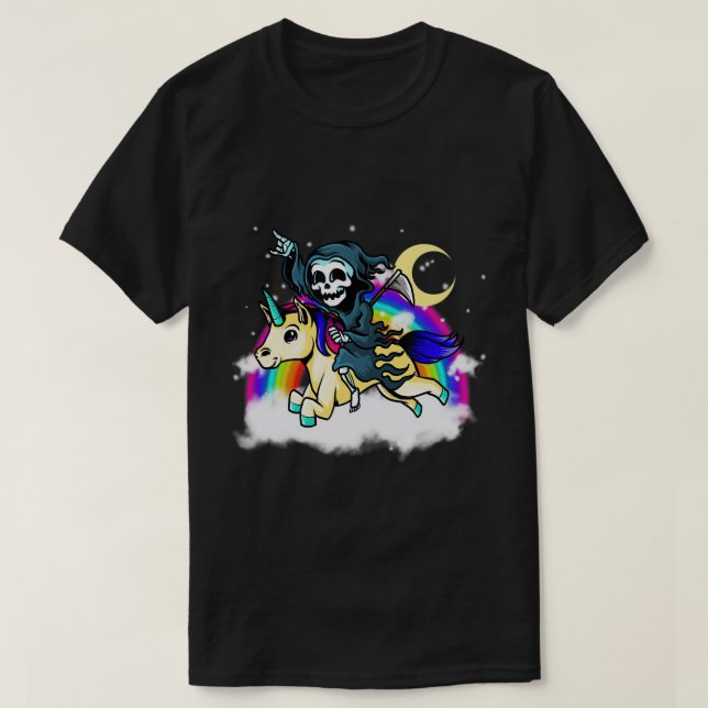 Pastel Goth Aesthetic Grim Reaper Unicorn Ride Sat T-Shirt (Design Front)