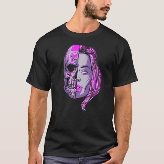 Pastel Goth Aesthetic Half Dead Skeleton Bone Head T-Shirt (Front)