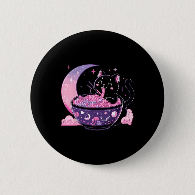 Pastel Goth Aesthetic Kawaii Cat Eating Ramen Nood Button (Front)