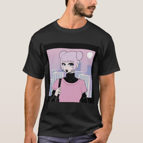 pastel goth anime girl in front of a city T_Shirt